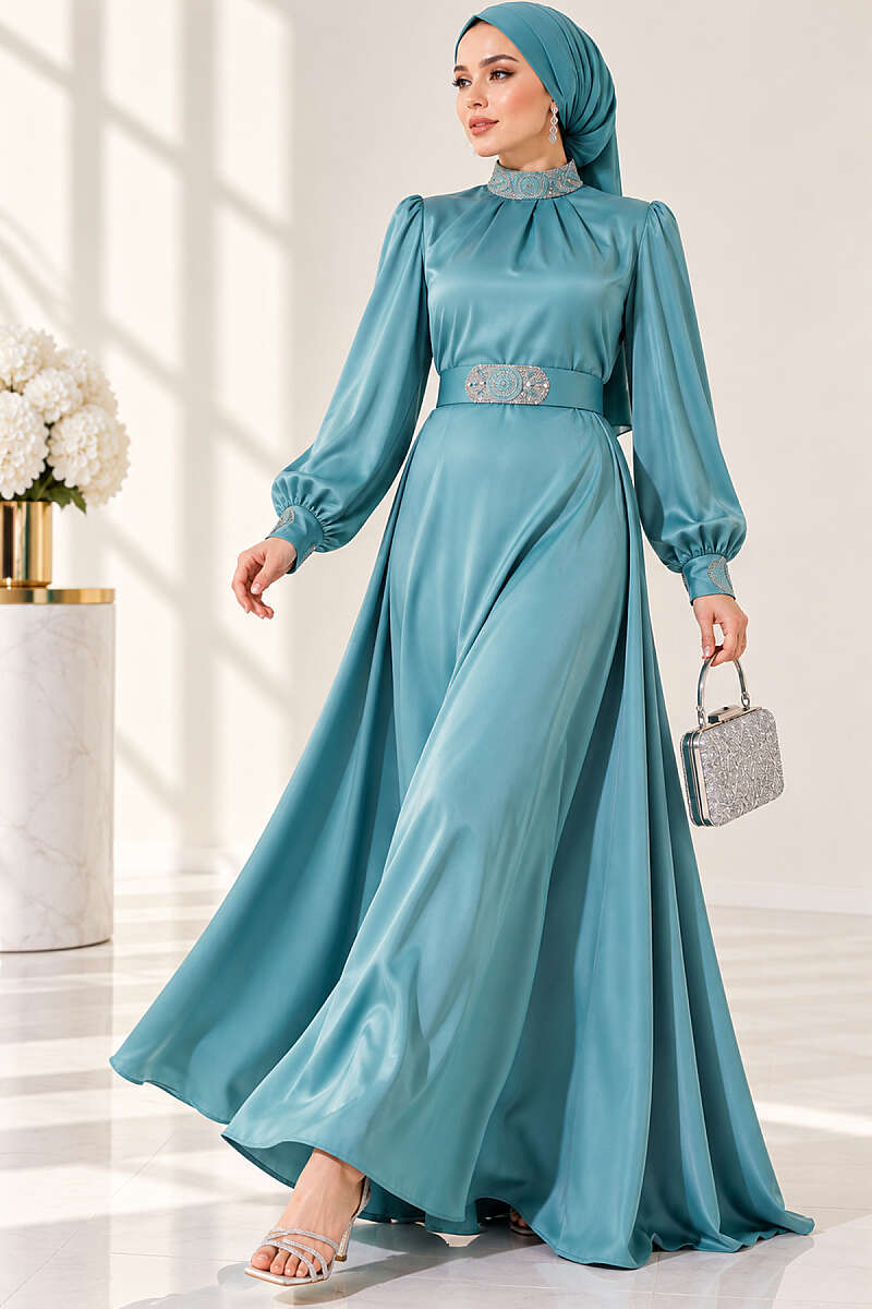 Stone-Embellished Satin Evening Dress - Mint