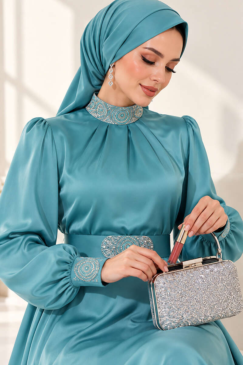 Stone-Embellished Satin Evening Dress - Mint