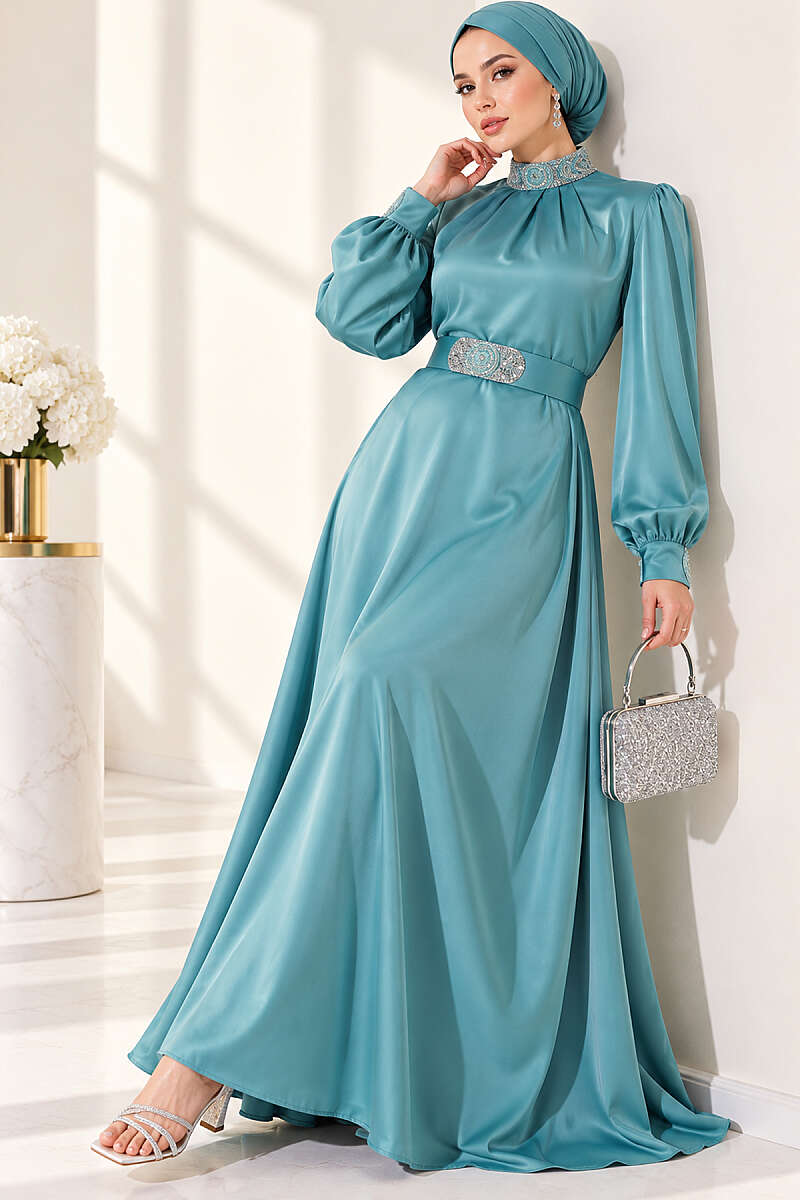 Stone-Embellished Satin Evening Dress - Mint