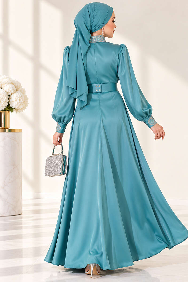 Stone-Embellished Satin Evening Dress - Mint
