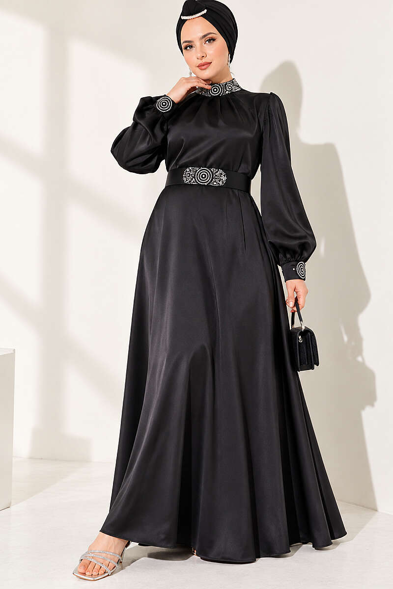 Stone-Embellished Satin Evening Dress - Black