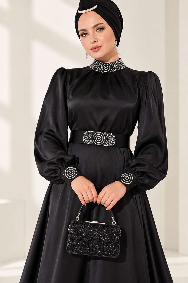 Stone-Embellished Satin Evening Dress - Black