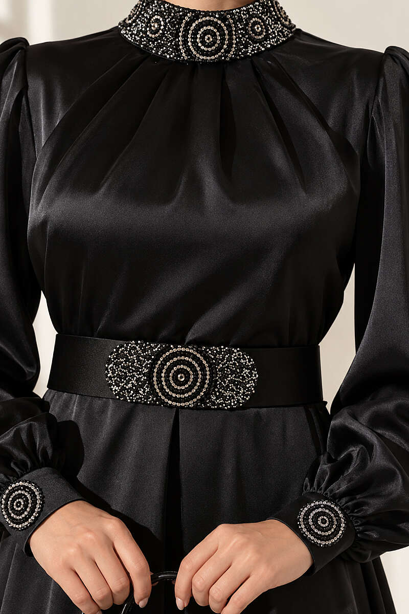 Stone-Embellished Satin Evening Dress - Black