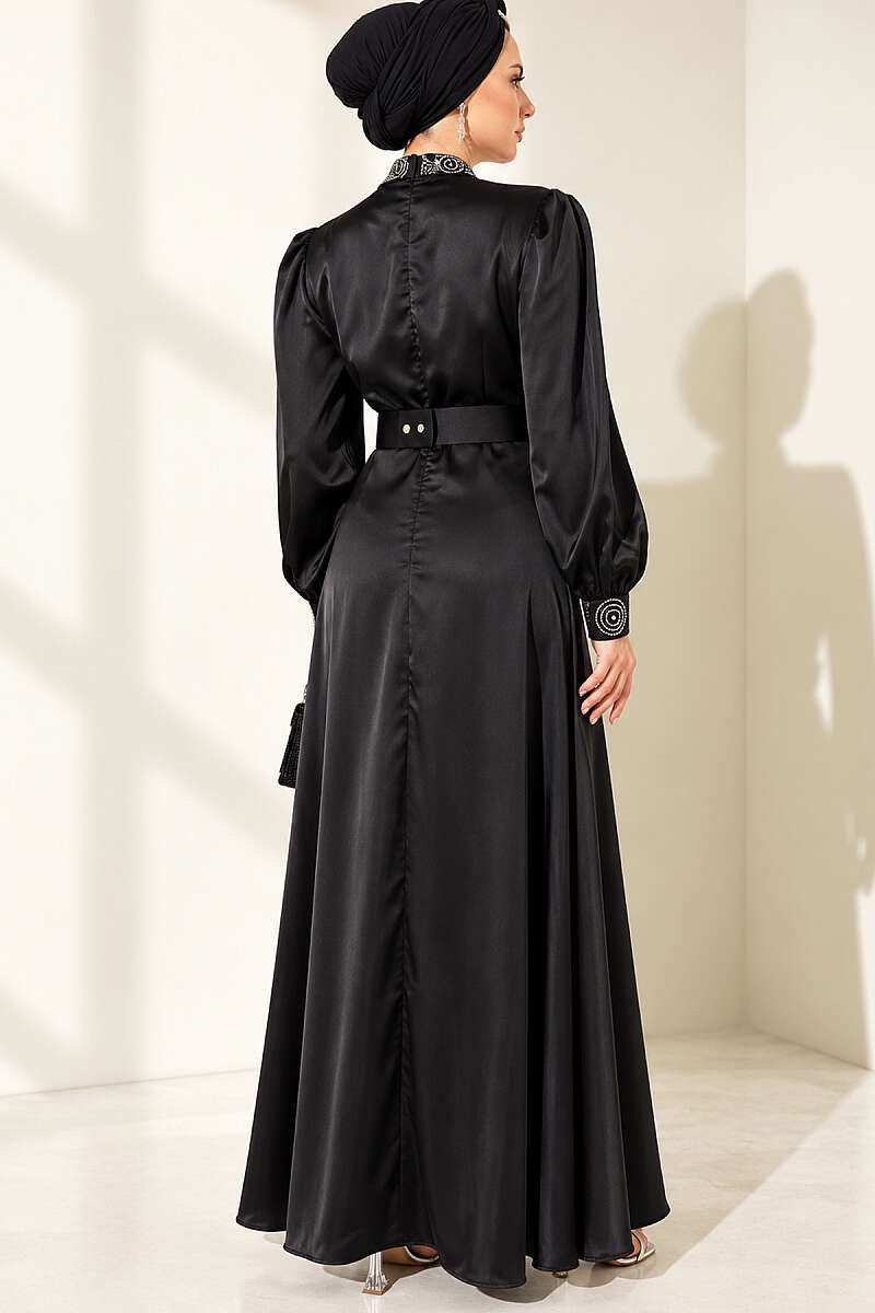 Stone-Embellished Satin Evening Dress - Black