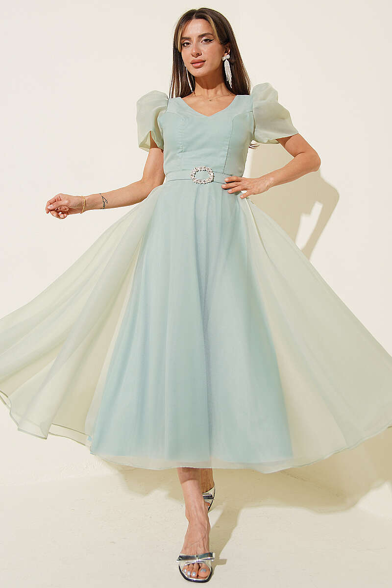 Princess Evening Dress with Stone Belt - Mint