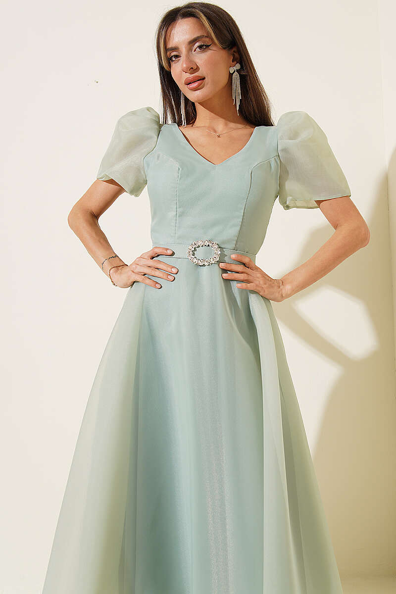 Princess Evening Dress with Stone Belt - Mint