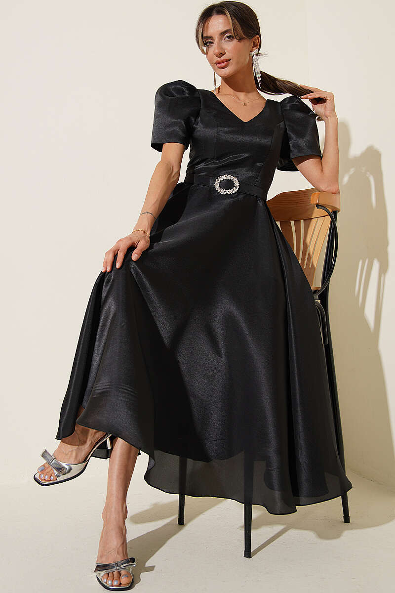 Princess Evening Dress with Stone Belt - Black