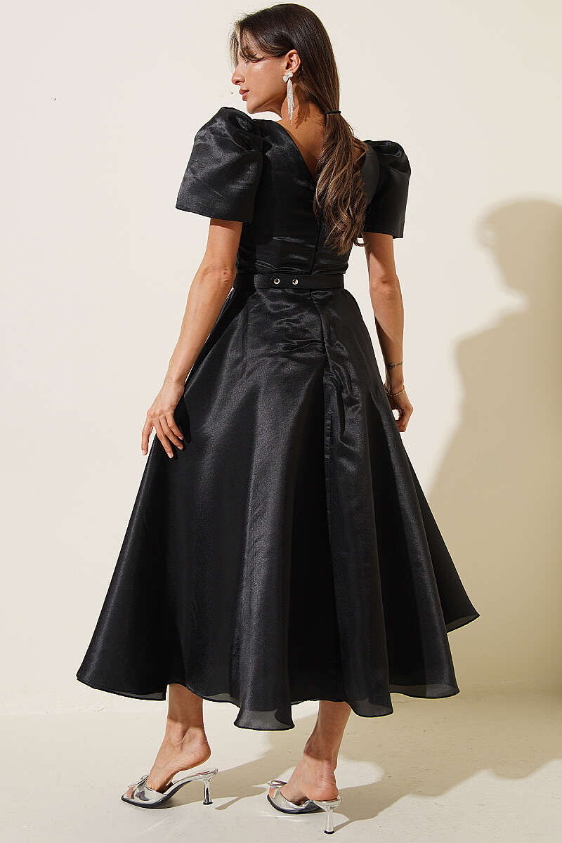 Princess Evening Dress with Stone Belt - Black