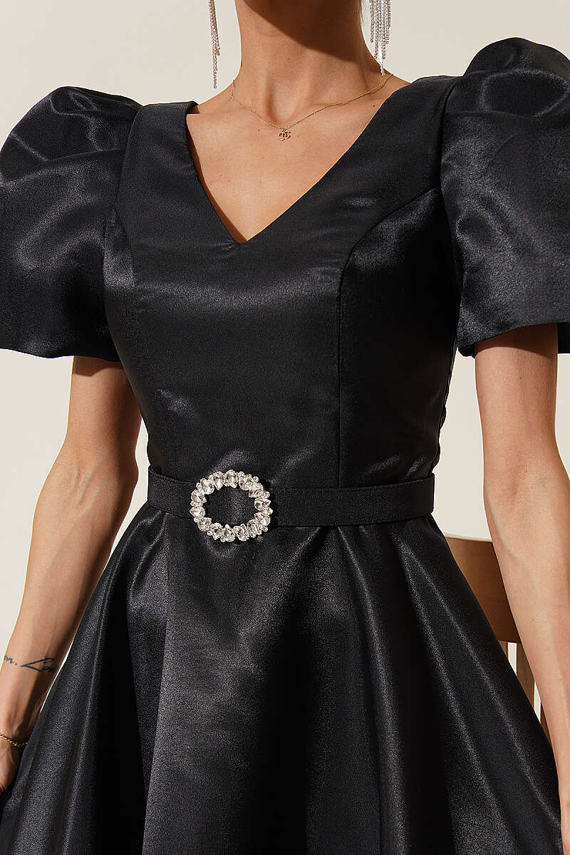 Princess Evening Dress with Stone Belt - Black