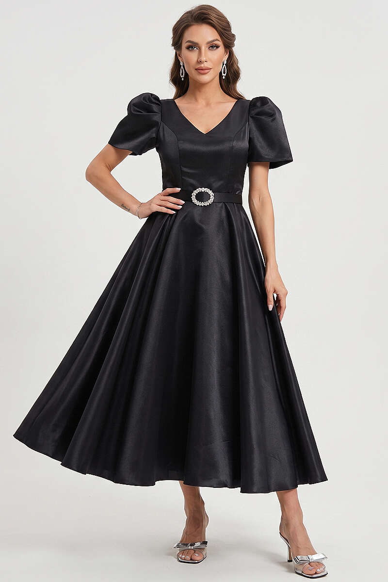 Princess Evening Dress with Stone Belt - Black