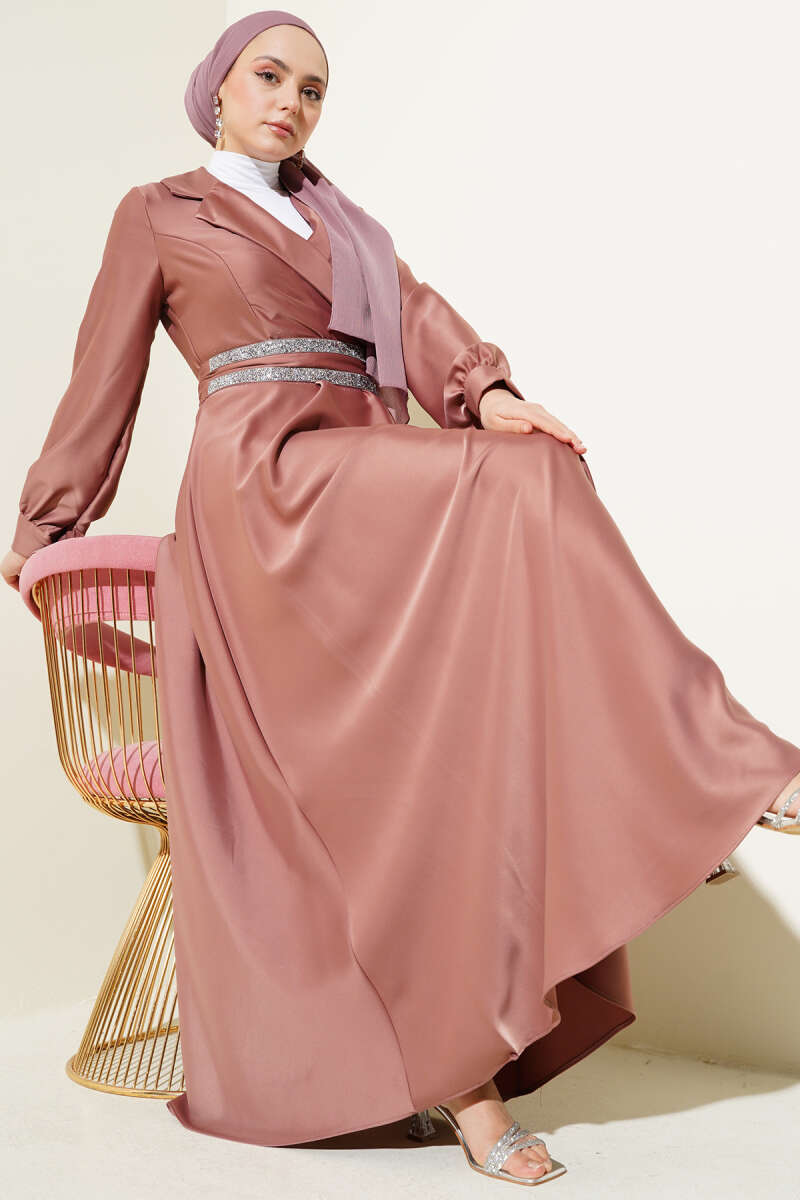 Wrap Satin Dress with Stone Belt - Powder