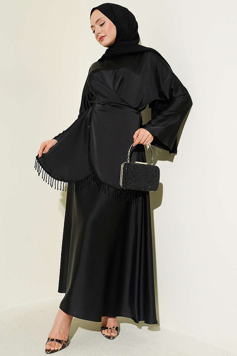 Satin Skirt Set with Stone Tassels - Black