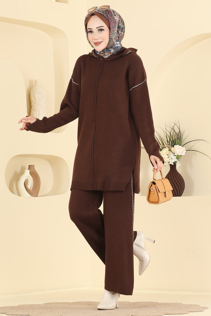 Stone-Strip Knit Two-Piece Set - Brown