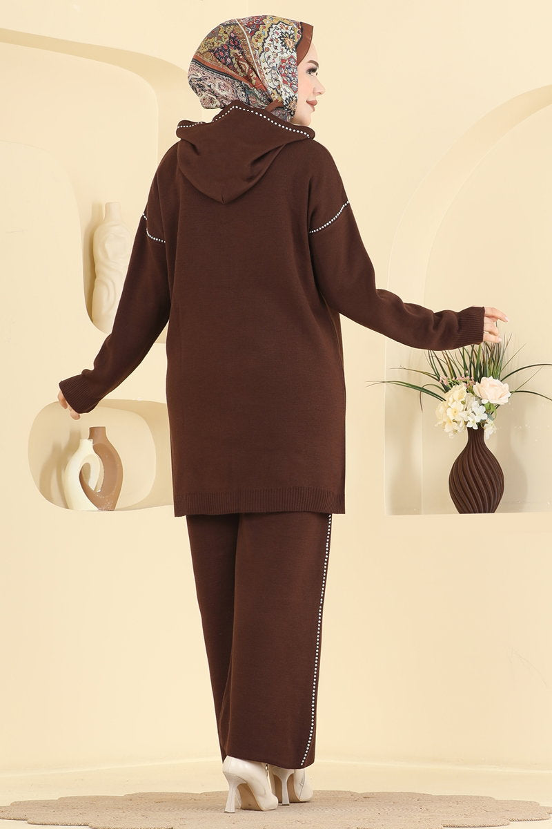 Stone-Strip Knit Two-Piece Set - Brown