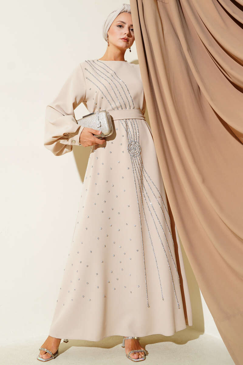 Belted Evening Dress with Stone Ribbon Panels - Beige