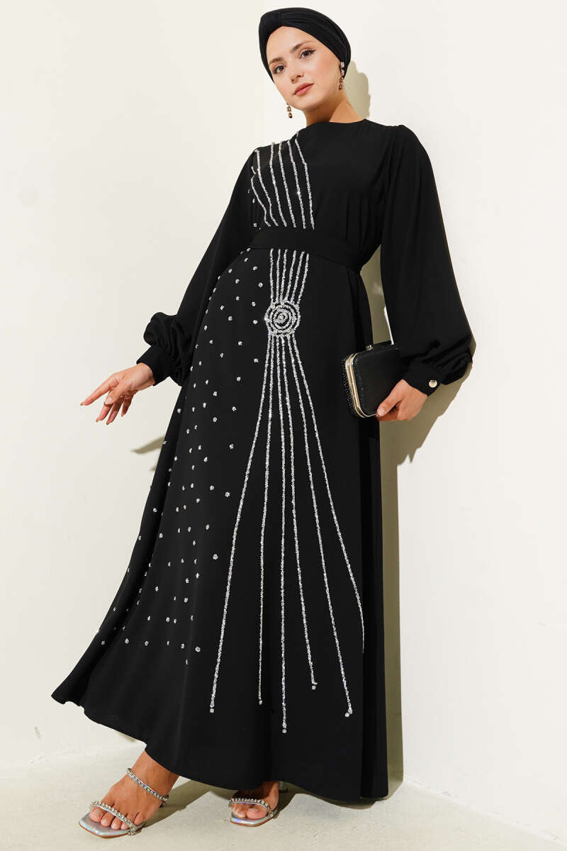 Belted Evening Dress with Stone Ribbon Panels - Black