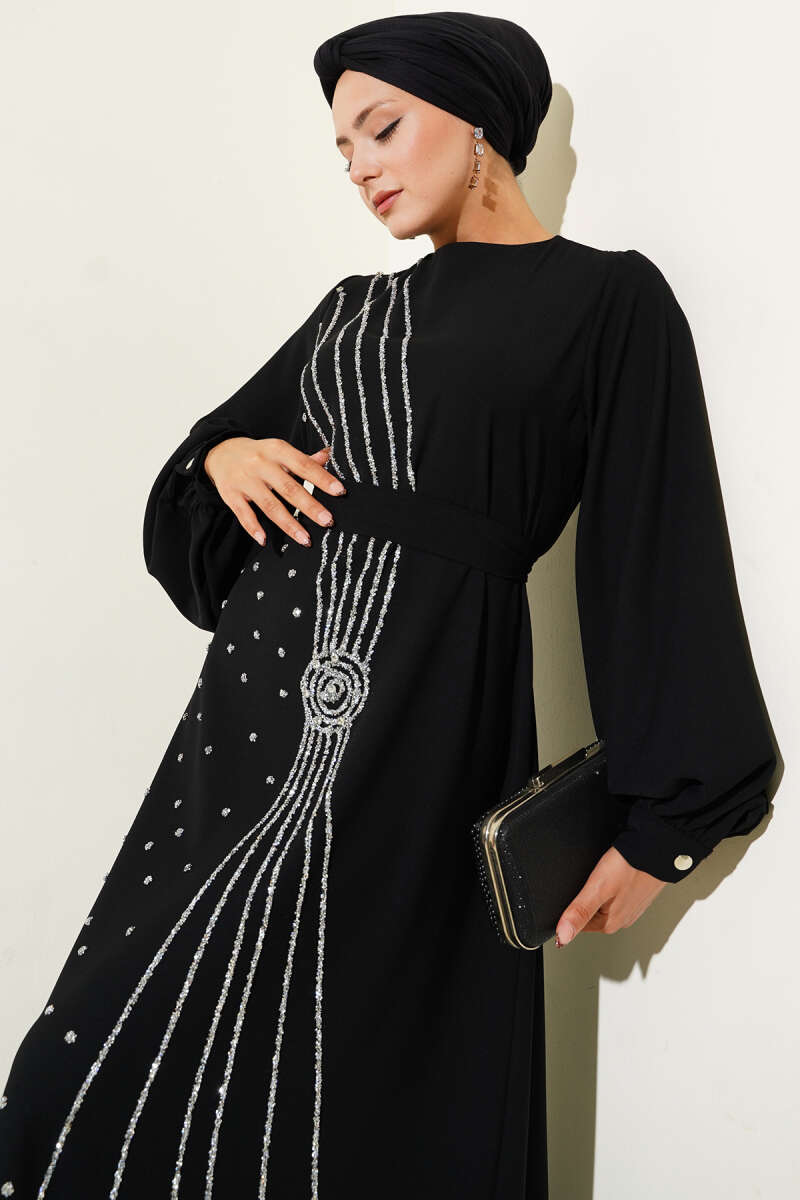 Belted Evening Dress with Stone Ribbon Panels - Black