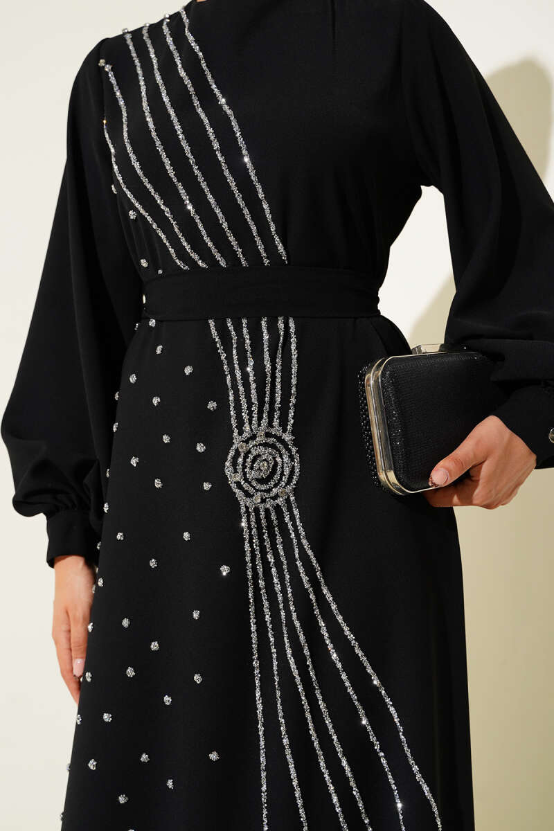 Belted Evening Dress with Stone Ribbon Panels - Black