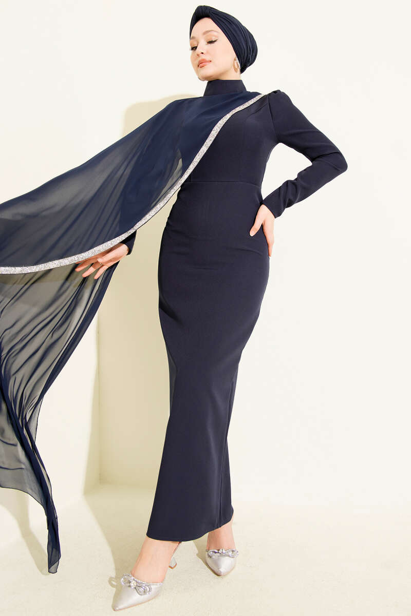 Evening Dress with Tulle Cape and Stone Trim - Navy