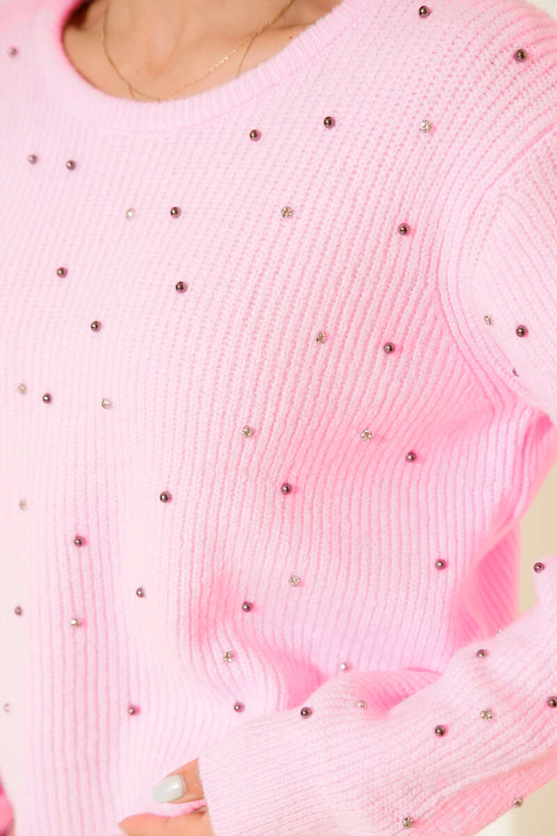 Open-Back Knit Sweater with Scattered Stones - Pink