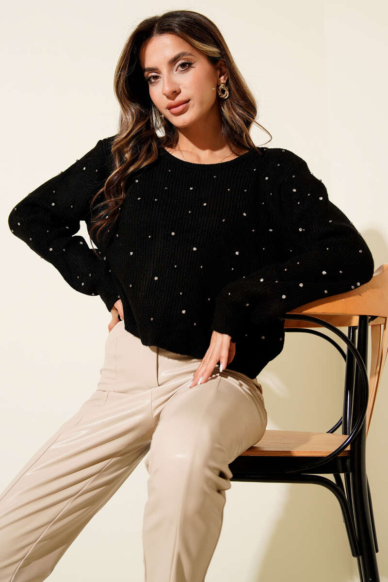 Open-Back Knit Sweater with Scattered Stones - Black