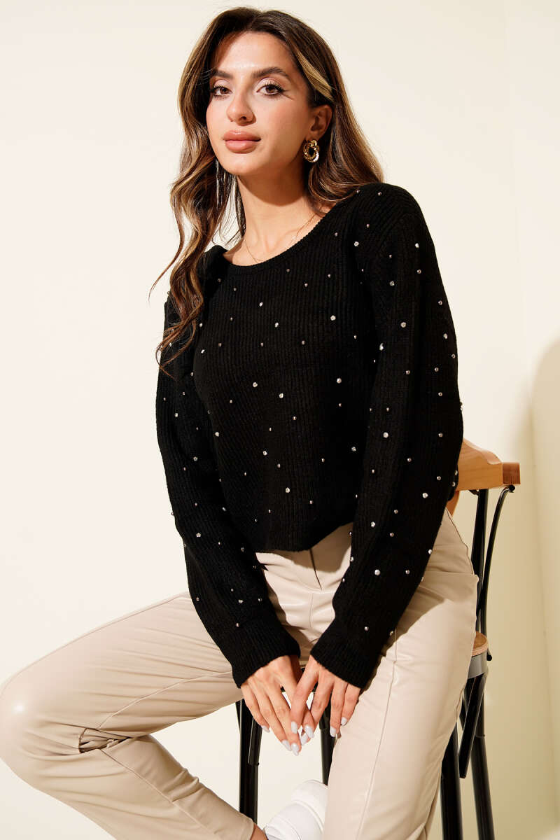 Open-Back Knit Sweater with Scattered Stones - Black