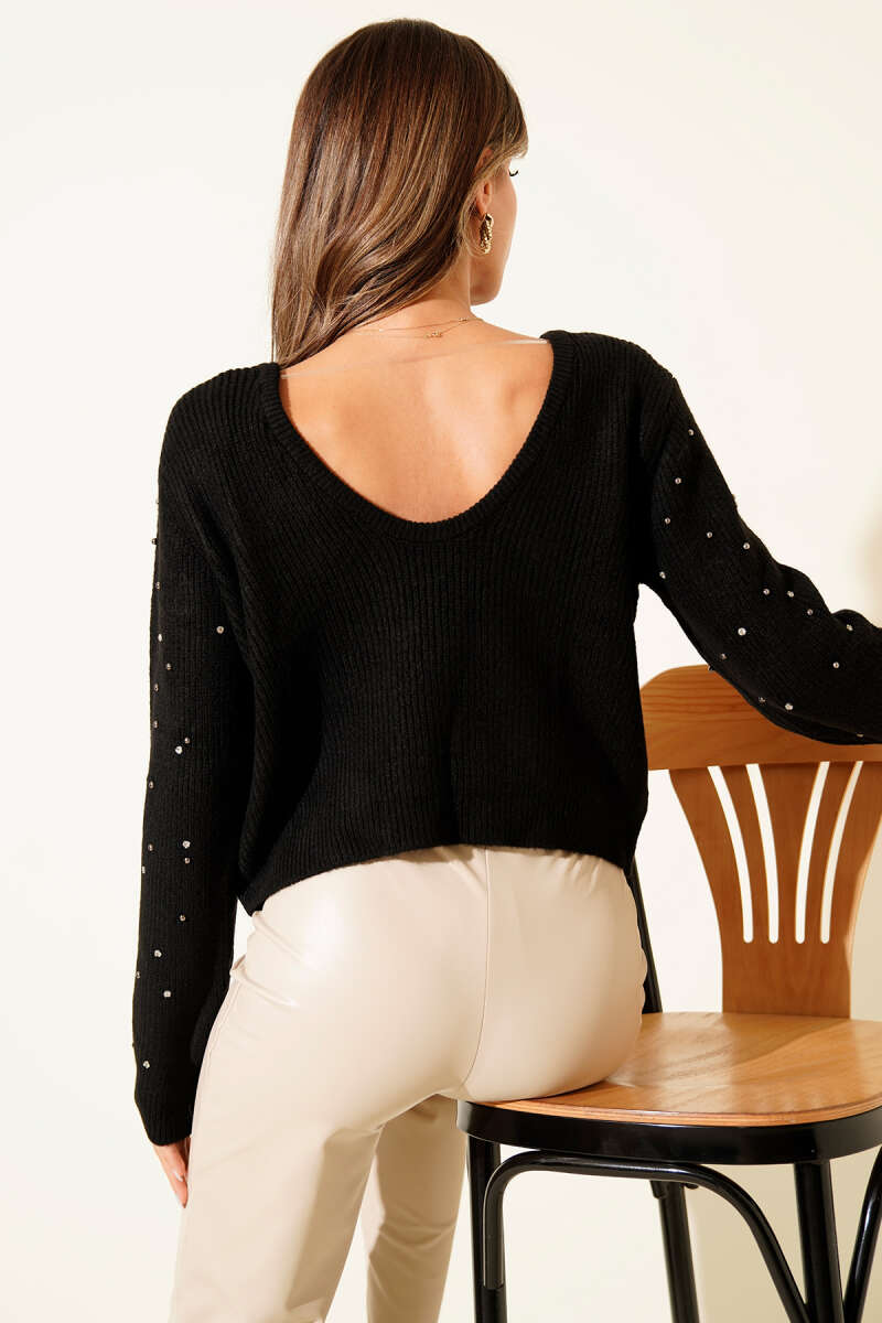 Open-Back Knit Sweater with Scattered Stones - Black