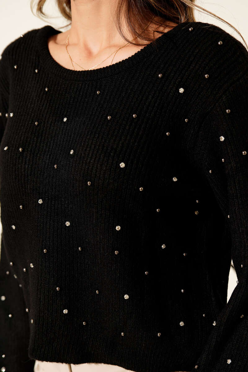 Open-Back Knit Sweater with Scattered Stones - Black