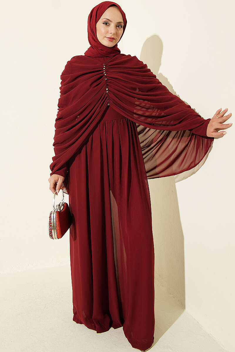 Draped Jumpsuit with Stone Rows - Burgundy