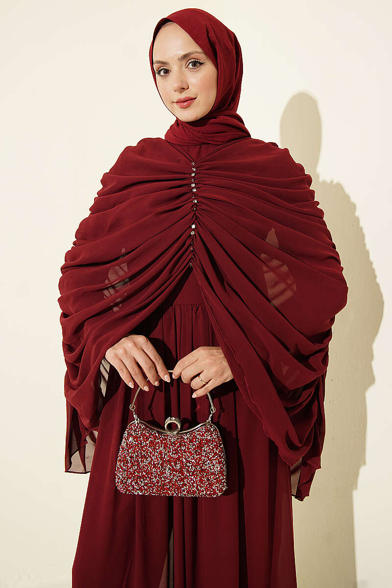 Draped Jumpsuit with Stone Rows - Burgundy
