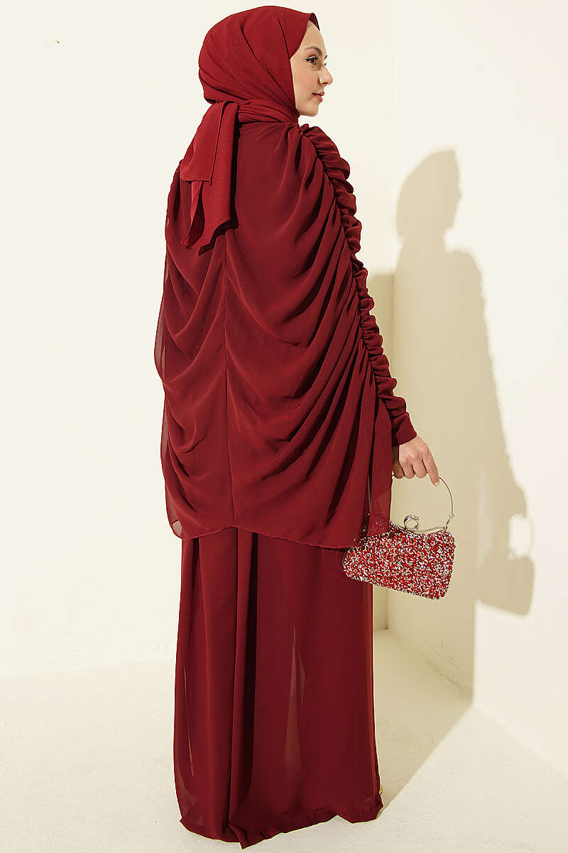 Draped Jumpsuit with Stone Rows - Burgundy