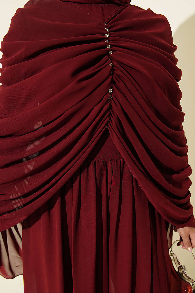 Draped Jumpsuit with Stone Rows - Burgundy