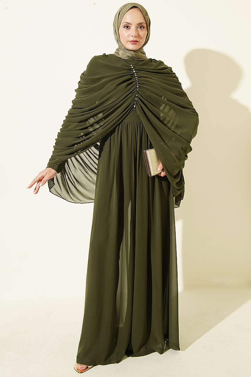 Draped Jumpsuit with Stone Rows - Khaki