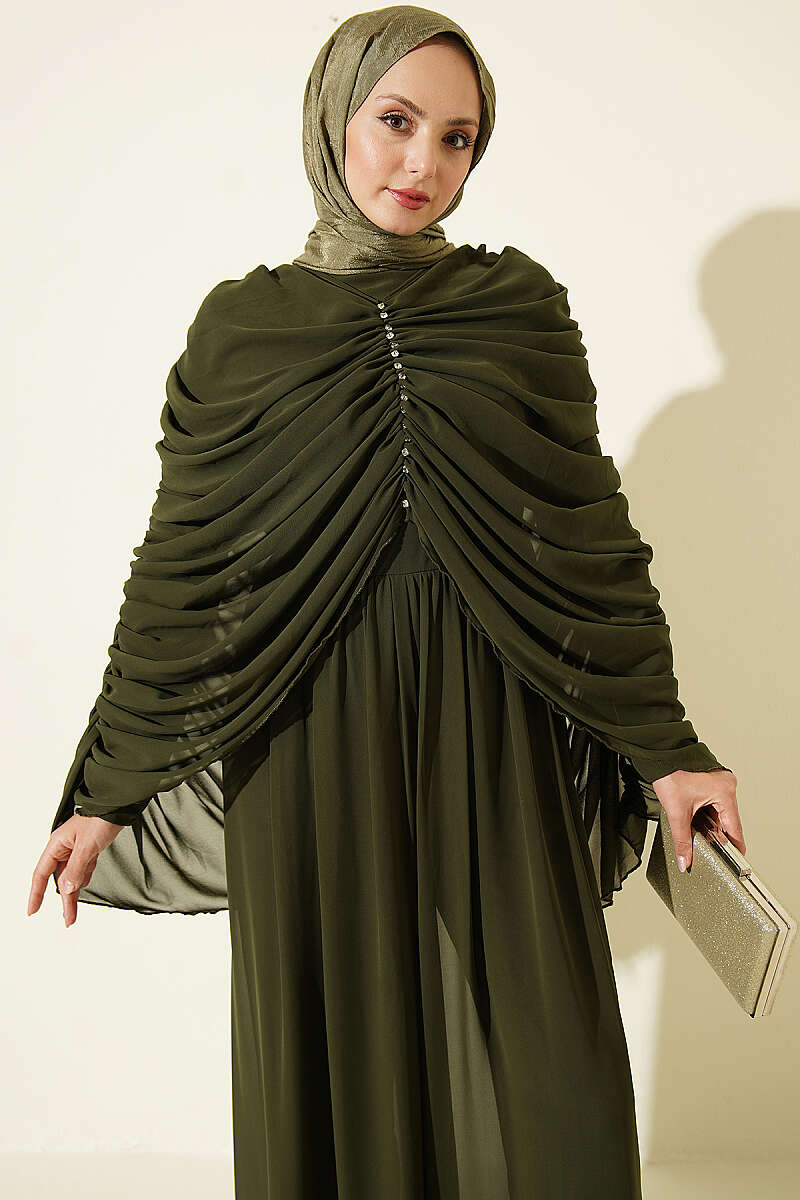 Draped Jumpsuit with Stone Rows - Khaki