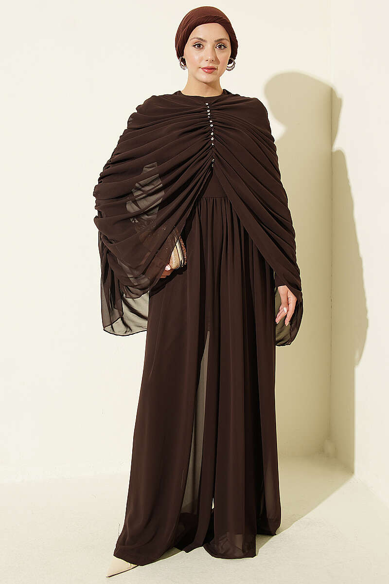 Draped Jumpsuit with Stone Rows - Brown