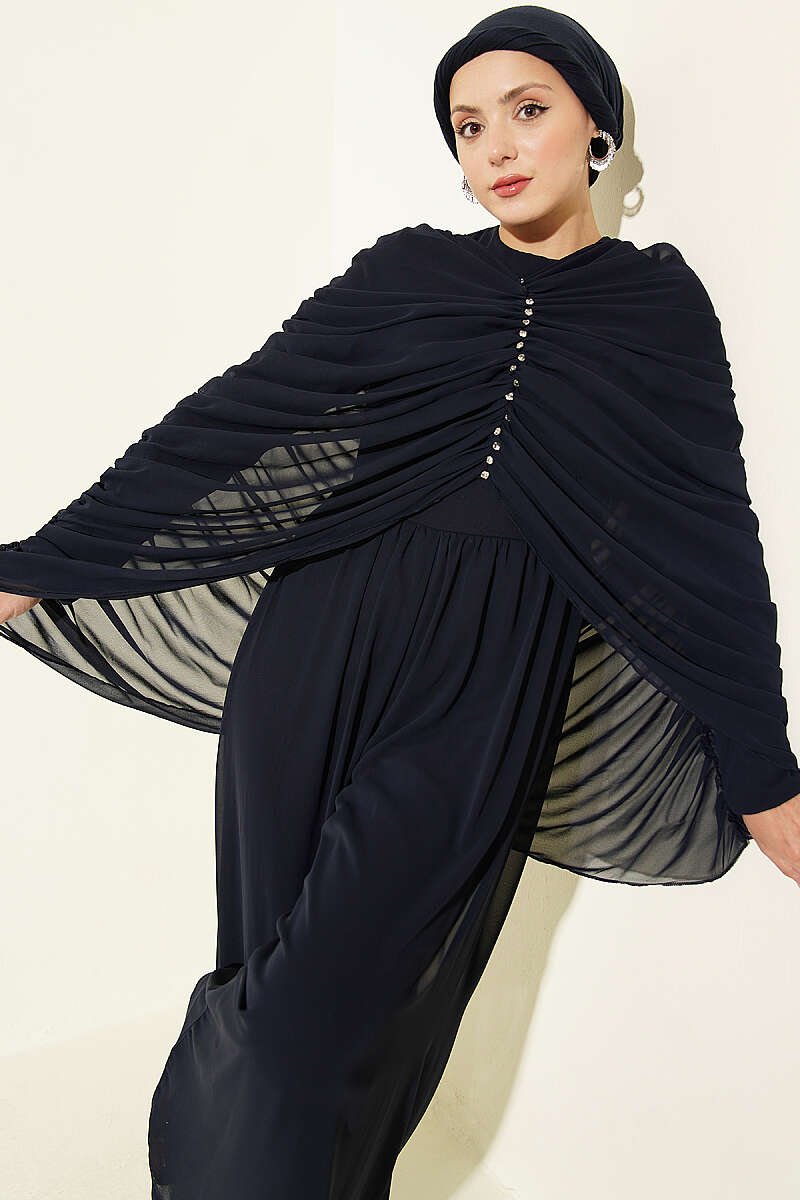 Draped Jumpsuit with Stone Rows - Navy