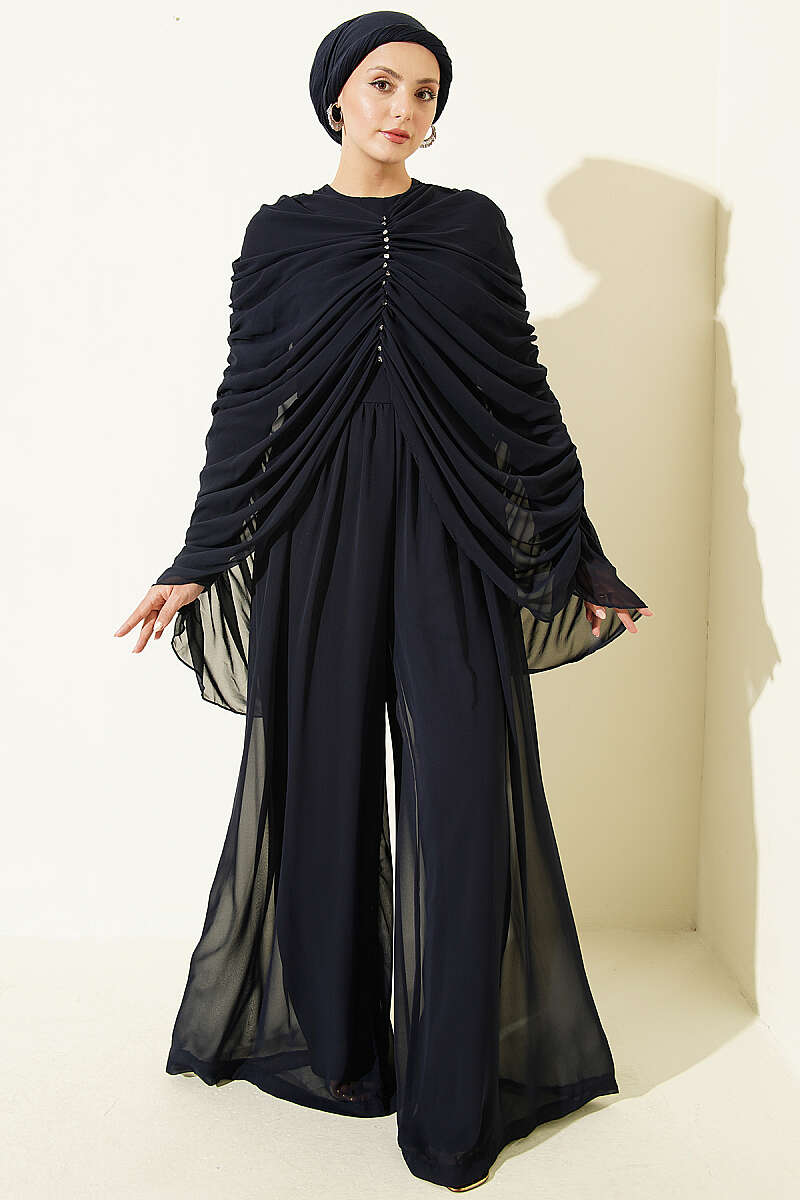 Draped Jumpsuit with Stone Rows - Navy