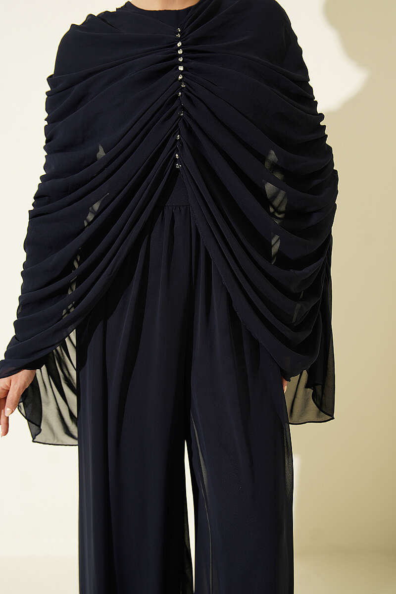 Draped Jumpsuit with Stone Rows - Navy