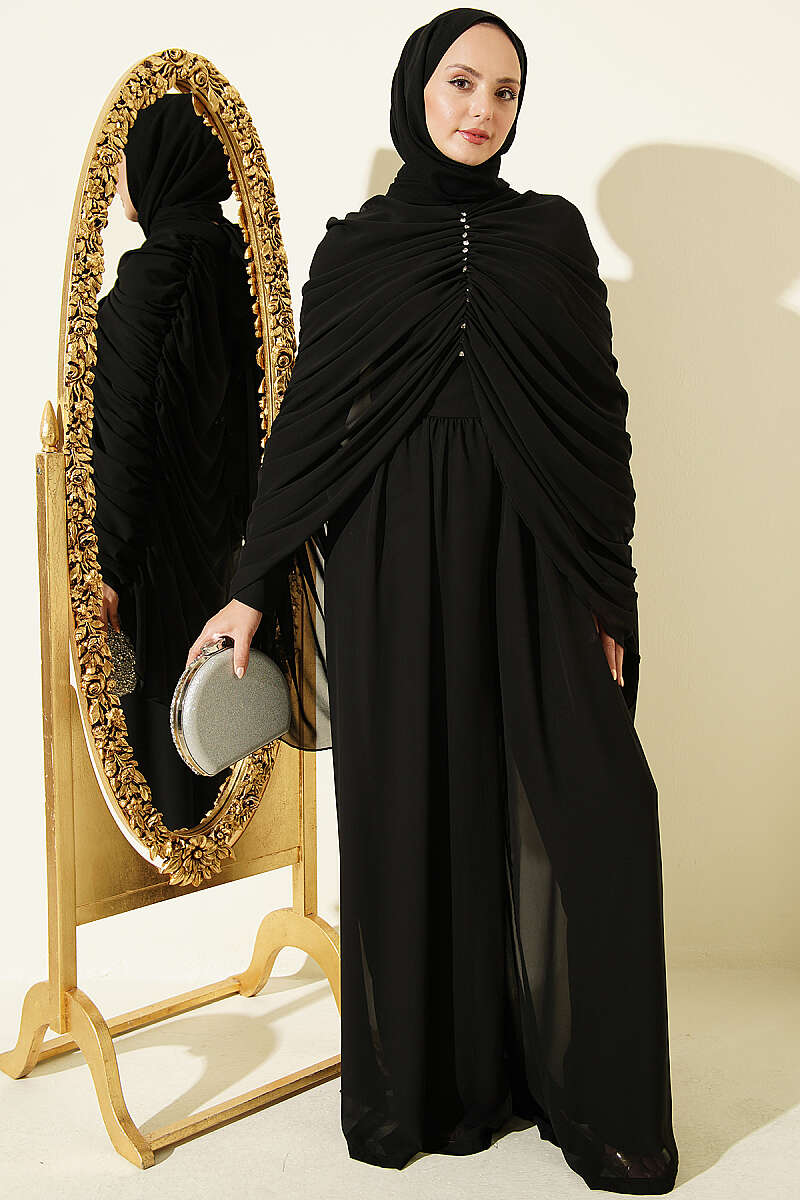 Draped Jumpsuit with Stone Rows - Black
