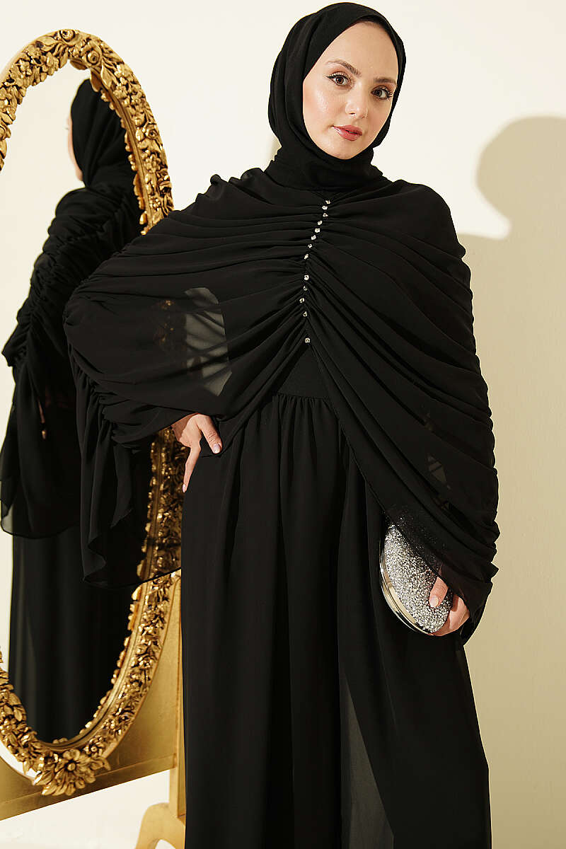 Draped Jumpsuit with Stone Rows - Black