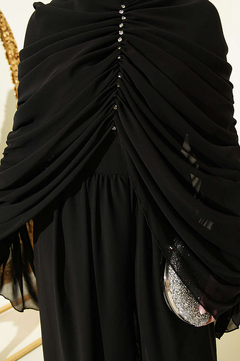 Draped Jumpsuit with Stone Rows - Black