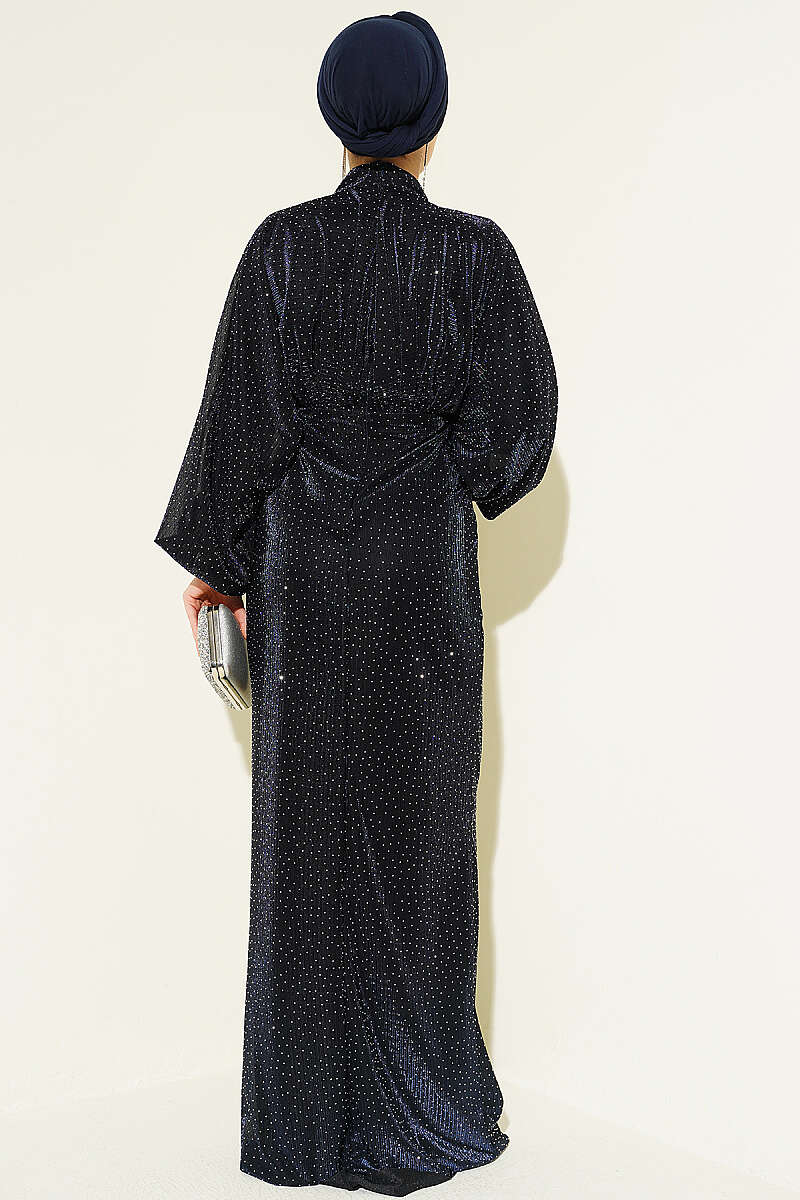 Stone-Embellished Evening Dress with Ruched Waist - Navy