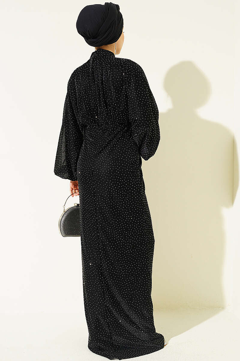 Stone-Embellished Evening Dress with Ruched Waist - Black