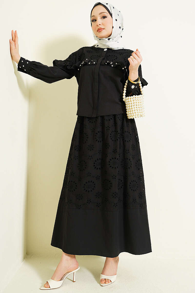 Stone-Embellished Broderie Ruffle Skirt Set - Black