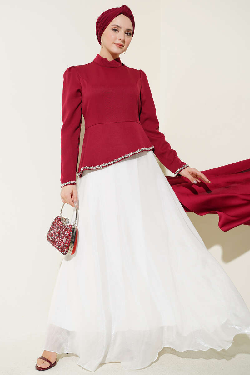 Stone-Embellished Evening Dress with Trim - Burgundy
