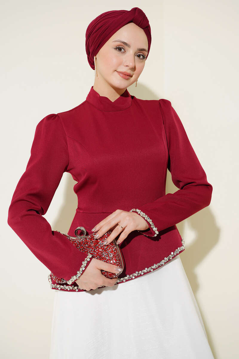 Stone-Embellished Evening Dress with Trim - Burgundy
