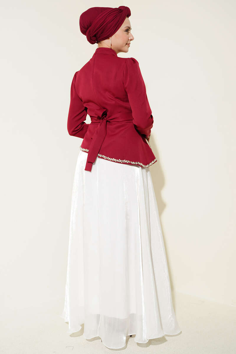 Stone-Embellished Evening Dress with Trim - Burgundy