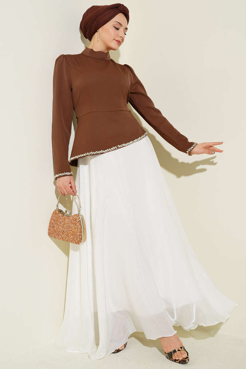 Stone-Embellished Evening Dress with Trim - Brown