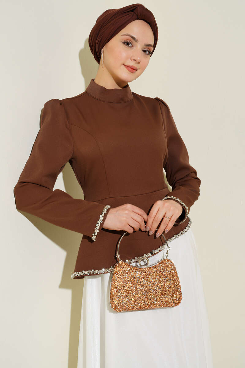 Stone-Embellished Evening Dress with Trim - Brown