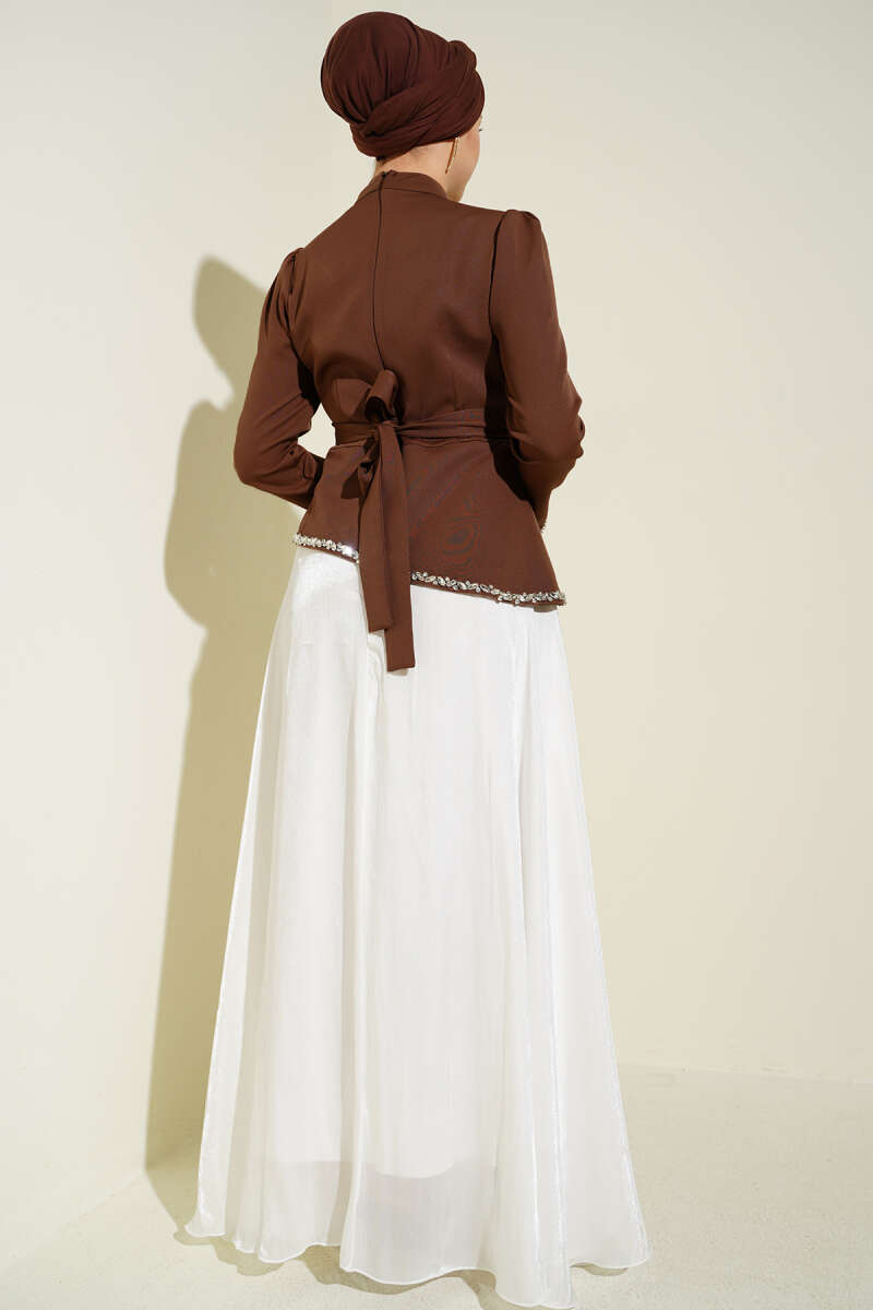 Stone-Embellished Evening Dress with Trim - Brown
